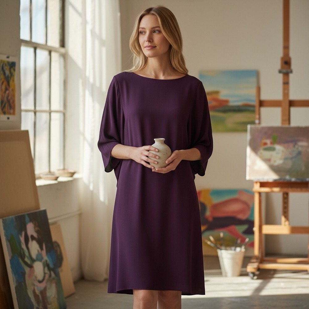 Eileen Fisher Womens XS Shift Dress Purple 100% Silk Split Bell Sleeve Boat Neck